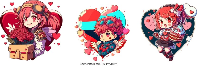 set Valentine day cute anime girl mascot  and cute heart   valentine day decoration vector flat color illustration  tshirt design valentine girl  copy space   design assest