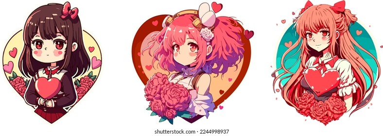 set Valentine day cute anime girl mascot  and cute heart   valentine day decoration vector flat color illustration  tshirt design valentine girl  copy space   design assest