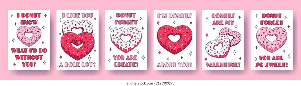 Set of Valentine Day donut heart cards with pun quotes about love in retro cartoon style. Love vector illustration for favor tags, postcards, greeting cards, posters, or banners.