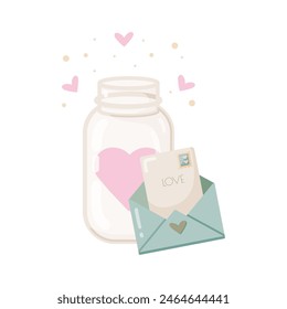 Set of Valentine Day elements. Glass jar and envelope with the greeting card. Flat style vector illustration on white background.