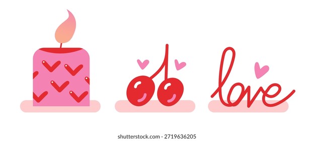 Set of Valentine Day Elements with Heart Patterned Candle and Cherries and Love Typography in Minimalist Doodle Style on White Background.