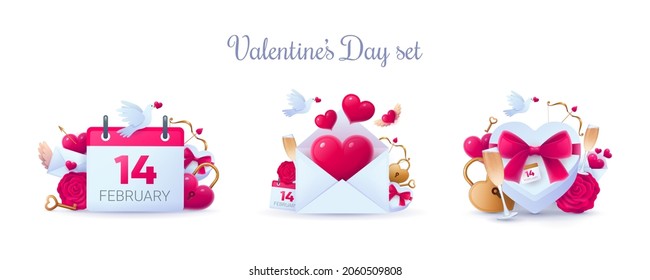 Set of Valentine Day festive realistic 3d objects. Romantic holiday decorative symbols. 14 February calendar, envelope with red flying shiny hearts, gift box with bow vector illustration