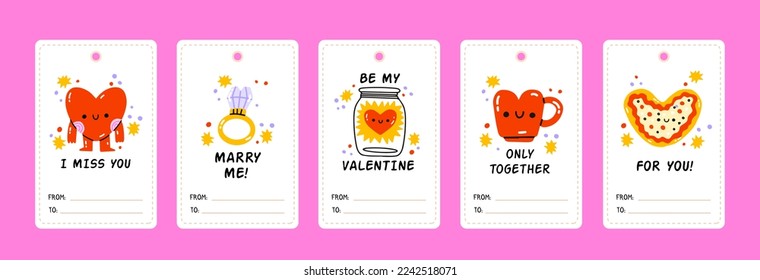 Set of Valentine Day gift tags and labels with cartoon characters and type design. Love, Valentines Day. Vector design concept for Valentines Day and other users.  Perfect for gift tags, greeting card