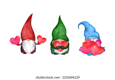 Set of Valentine day gnomes with hearts. Vector watercolor set of scandinavian dwarf with love symbols. Wedding, Mother day design elements collection