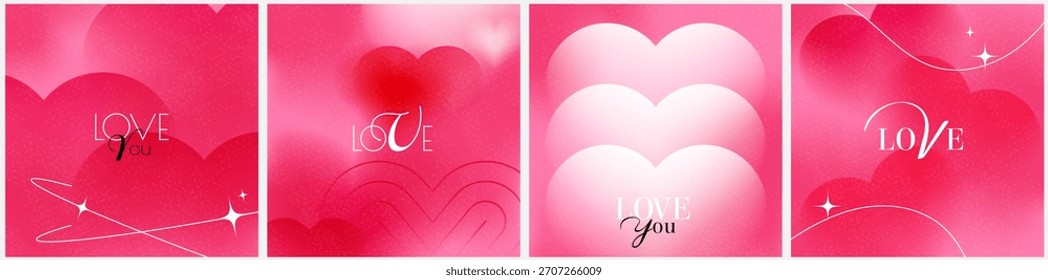 set valentine day gradient posters in minimal style. abstract modern design with blur heart shape. collection love soft grainy square card, vector pink background