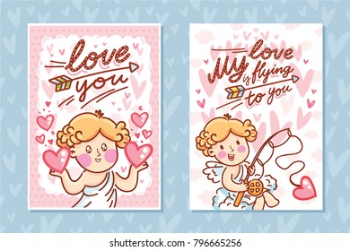 Set of Valentine Day Greeting cards with Cupid angel character and lettering text on romantic background with hearts. My love is flying to you. Cute hand drawn love illustration in cartoon style
