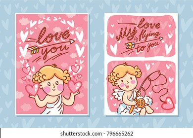 Set of Valentine Day Greeting cards with Cupid angel character and lettering text on romantic background with hearts. My love is flying to you. Cute hand drawn love illustration in cartoon style
