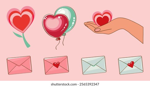 Set of valentine day icons in cartoon style. Scrapbooking elements for daily planner, diary in valentines day, mother's day, heart on the palm, balloons, envelopes sealed with wax in the shape of hear