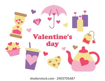 Set of Valentine Day Items. Heart shaped cookies and chocolate chip cupcake. Kettle, tea bag. Warm tea made with love. Candles. Hourglass. Umbrella. Cup of coffee. Love time. Vector illustration
