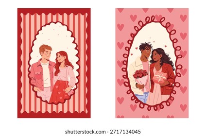 Conjunto de postales de San Valentín. Tarjetas de felicitación del 14 de febrero Plantillas con pareja enamorada en marcos decorativos de color rosa con corazones, cintas y rayas. Ilustraciones vectoriales planas.