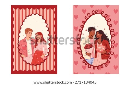Set of Valentine Day postcards. 14 February greeting cards templates with couple in love in decorative pink frames with hearts, ribbons and stripes. Flat vector illustrations.