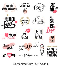 Set of Valentine day stickers and elements. Flat design vector illustrations for greeting cards, love messages, social media, networking, web design, printed material.