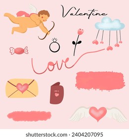 Set Valentine Day Stickers Signs Love Cupid Wings