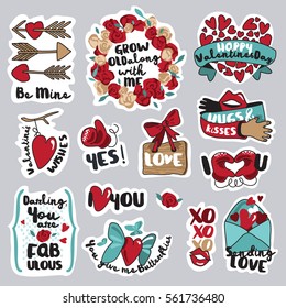 Set of Valentine day stickers and signs. Love vector illustrations for social network, web design, mobile messages, social media, online communication. 