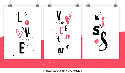Set of Valentine day typography posters with grunge stains.