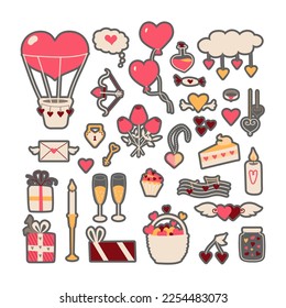 Set of Valentine day vector stickers in doodle style. Hand drawn cute elements: heart, balloon, letter, sweets.