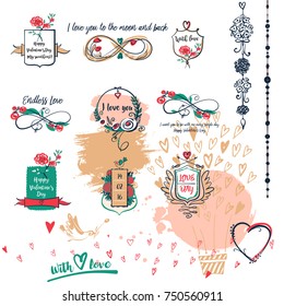 Set of valentine day, wedding symbol. Concept image of logo, logotype, sign, symbol for love party. Text about love.
