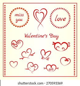 Set of valentine decoration element line drawing design elements vintage dividers. Vector illustration. Can use for valentine card, invitations card. 
