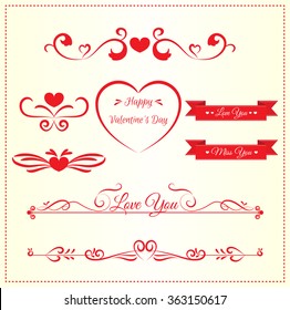 Set of valentine decoration element line drawing design elements vintage dividers. Vector illustration. Can use for valentine card, invitations card. 