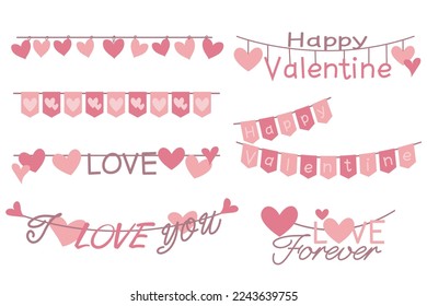 Conjunto de elementos decorativos de San Valentín. Felices guirnaldas decorativas de San Valentín y frontera para el diseño gráfico. Ilustración vectorial.