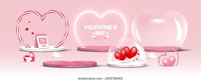 Set of Valentine decoration. Stage podium decorated with heart shape design candy, neon light, glass dome transparent. Heart balloon. Empty space for product display. Vector illustration.