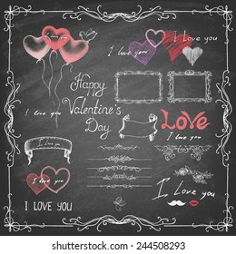 Set of valentine design elements on the blackboard. Vector illustration.