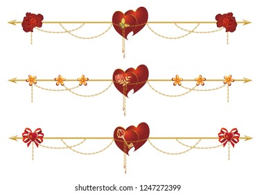 set of valentine dividers with heart, butterfly, roses, chain  and old key in red and gold colors