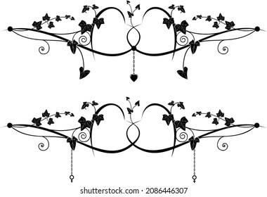 Set of valentine dividers with stylized hearts, ivy, chain and simbols of planets Venus and Mars