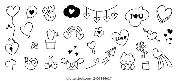 Set of valentine doodle element vector. Hand drawn doodle style collection of heart shaped, rainbow, arrows, flower, cat, bee, snail, love letter. Design for print, cartoon, card, decoration, sticker.