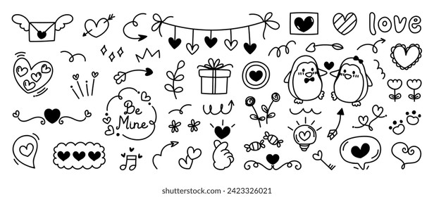 Set of valentine doodle element vector. Hand drawn doodle style collection of heart, arrow, balloon, flower, speech bubble, penguin, gift. Design for print, cartoon, decoration, sticker, clipart.