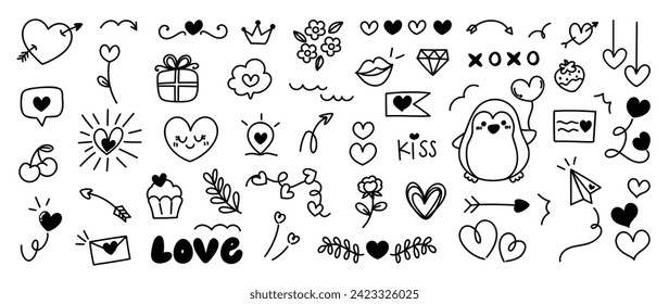 Set of valentine doodle element vector. Hand drawn doodle style collection of heart, arrow, balloon, flower, speech bubble, penguin, rocket. Design for print, cartoon, decoration, sticker, clipart.