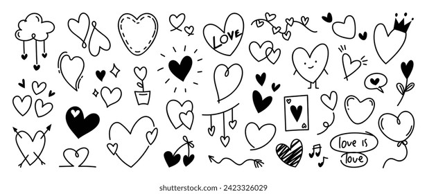 Set of valentine doodle element vector. Hand drawn doodle style collection of heart, arrow, balloon, flower, speech bubble, melody, card. Design for print, cartoon, decoration, sticker, clipart.