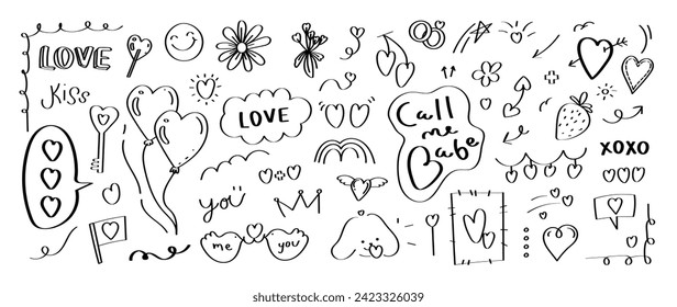 Set of valentine doodle element vector. Hand drawn doodle style collection of heart, balloon, arrow, speech bubble, key, dog, flower. Design for print, cartoon, decoration, sticker, clipart.
