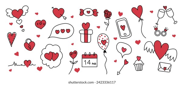 Set of valentine doodle element vector. Hand drawn doodle style collection of heart, arrow, gift, balloon, speech bubble, key, candy. Design for print, cartoon, decoration, sticker, clipart.