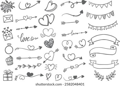 Set of valentine doodle element vector. Hand drawn doodle style collection of heart, arrow, love letter, gift box, ribbon, flower. Design for print, cartoon, decoration, sticker, clipart.