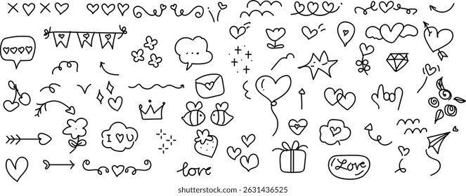 Set of valentine doodle element vector. Hand drawn doodle style collection of heart shaped, lips, arrows, flower, gift, cherry, rose, love letter. Design for print, cartoon, card, decoration, sticker