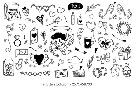 Set of valentine doodle elements. Vector illustration. Hand drawn doodle style collection of hearts, arrows, balloon, flowers, etc. Design for print, decoration, sticker, clipart.