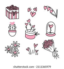Conjunto de doodles valentinos con diferentes flores para el Día de San Valentín.