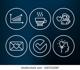 Set of Valentine, Doppio and Chart icons. Verify, Man love and Idea signs. Love letter, Coffee drink, Presentation chart. Selected choice, Romantic people, Professional job.  Editable stroke. Vector