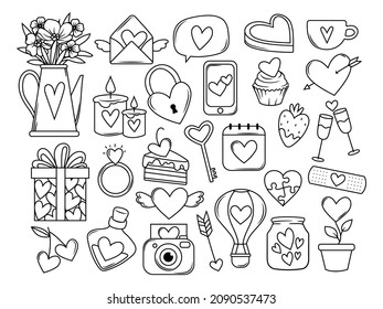 Set of Valentine elements. Collection of Valentine's Day items   letter, ring with a diamond, glasses of wine, heart, cupcake, strawberry in chocolate. Vector illustration of  romantic theme.