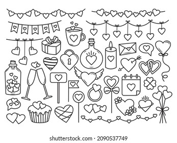 Set of Valentine elements. Collection of Valentine's Day items   letter, ring with a diamond, glasses of wine, heart, cupcake, strawberry in chocolate. Vector illustration of  romantic theme.