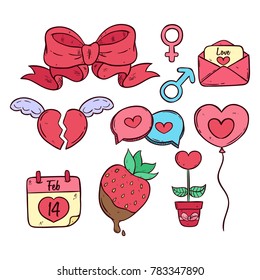 set of valentine elements with colored hand drawn style