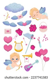 Set of Valentine Elements with Cute Cupid, Valentine's Day Items Vector