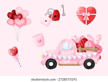 Conjunto de Elementos de San Valentín y decoración aislada sobre fondo rosa.