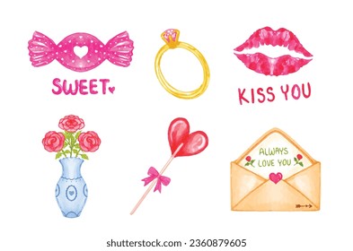 Conjunto de elementos de San Valentín acuarela ilustración vectorial