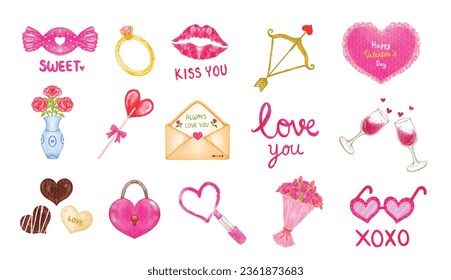 Conjunto de elementos de San Valentín acuarela ilustración vectorial