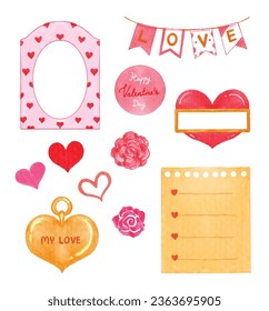 Set of Valentine elements watercolor vector illustration