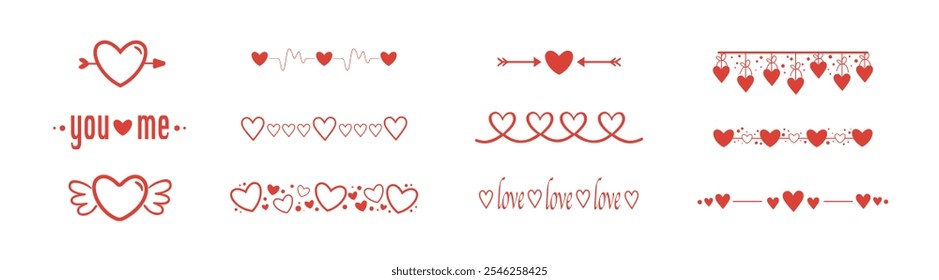 Conjunto de elementos valentine. Elementos decorativos do casamento. Dividir ornamento, bordas, linhas. Amo banners românticos