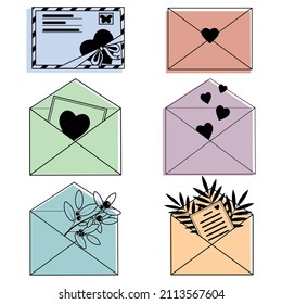 set of valentine envelopes, color vector illustration on a white background