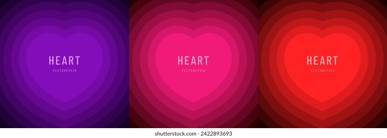 Set of valentine frame heart shaped pattern background in pink, red and purple color. Stripe romantic pattern. Trendy vector illustration in style retro 60s, 70s design. Valentines element collection